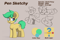 Size: 7760x5240 | Tagged: safe, artist:perezadotarts, oc, oc only, oc:pen sketchy, earth pony, pony, :p, colt, cutie mark, earth pony oc, male, pony oc, reference sheet, simple background, sketch, solo, tongue out