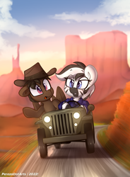 Size: 3240x4400 | Tagged: safe, artist:perezadotarts, oc, oc only, pegasus, pony, zebra, car, clothes, cowboy hat, determined look, driving, hat, jeep, motion blur, motion lines, overalls, pegasus oc, pony oc, road, scared, sky, text, vehicle, zebra oc