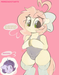 Size: 2990x3800 | Tagged: safe, artist:perezadotarts, oc, oc only, oc:atlas (perezadotarts), pegasus, pony, unicorn, belly button, blushing, bow, clothes, female, hair bow, high res, hooves together, horn, looking down, male, one-piece swimsuit, pegasus oc, shipping, shy, simple background, socks, speech bubble, straight, swimsuit, text, thick, unicorn oc