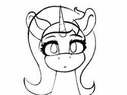 Size: 560x420 | Tagged: safe, artist:darbedarmoc, oc, oc:minerva, pony, unicorn, animated, curious, eeee, gif, looking at you, male, sketch, solo, text, trap