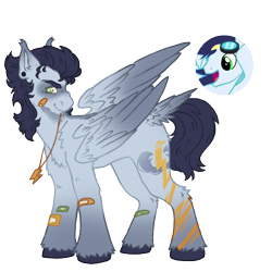 Size: 1000x1000 | Tagged: safe, alternate version, artist:kazmuun, soarin', pegasus, pony, series:kazmuun's drawing every pony, g4, >:), alternate design, bandaid, cascading cutie mark, chin fluff, colored hooves, colored pinnae, colored wings, ear piercing, ear tufts, earring, folded wings, gradient ears, gradient legs, gradient wings, hooves, jewelry, leg fluff, male, necklace, piercing, redesign, screencap reference, simple background, solo, stallion, standing, tail, tail feathers, transparent background, unshorn fetlocks, white pupils, wings