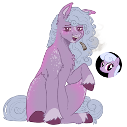 Size: 1000x1000 | Tagged: safe, artist:kazmuun, lilac links, earth pony, pony, series:kazmuun's drawing every pony, g4, alternate design, bloodshot eyes, blunt, butt freckles, cigarette, coat markings, colored hooves, coronet (coat marking), drugs, ear fluff, ear freckles, ear tufts, facial markings, female, freckles, gradient eyes, hooves, mare, open mouth, raised hoof, redesign, shoulder fluff, simple background, sitting, smoke, smoking, snip (coat marking), solo, stoner, stripe (coat marking), transparent background, unshorn fetlocks, white pupils