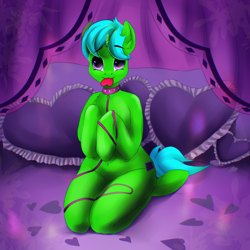 Size: 3000x3000 | Tagged: safe, artist:kopusha, oc, oc:green byte, pony, unicorn, semi-anthro, arm hooves, belly button, collar, commission, heart, heart pillow, high res, kneeling, leash, looking at you, male, mouth hold, pet play, pillow, smiling, stallion, ych result