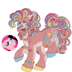 Size: 1000x1000 | Tagged: safe, artist:kazmuun, pinkie pie, earth pony, pony, series:kazmuun's drawing every pony, g4, >:d, alternate design, beanbrows, blue eyelashes, chest fluff, coat markings, colored eartips, colored eyelashes, colored pinnae, colored pupils, cute, cute little fangs, cyan eyelashes, dappled, dorsal stripe, ear fluff, ear tufts, eyebrows, fangs, female, leg fluff, looking at you, mare, mismatched hooves, open mouth, open smile, raised hoof, redesign, shoulder fluff, simple background, smiling, solo, starry eyes, transparent background, wingding eyes, yellow pupils