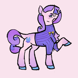 Size: 1280x1280 | Tagged: safe, artist:sillyfillies, rarity, pony, unicorn, g4, clothes, colored hooves, ear piercing, earring, glasses, jewelry, piercing, pink background, redesign, simple background, solo, sweater