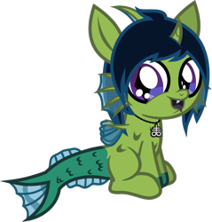 Size: 802x838 | Tagged: safe, artist:lightningbolt, derpibooru exclusive, oc, oc only, oc:demon hellspawn, half-siren, hybrid, pony, g4, .svg available, baby, baby pony, colored hooves, colored tongue, curved horn, fangs, fins, fish tail, happy, horn, jewelry, leviathan cross, looking at you, magical gay spawn, male, necklace, offspring, open mouth, scales, show accurate, silly face, simple background, sitting, slit pupils, solo, svg, tail, tongue out, transparent background, vector