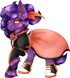 Size: 1926x2142 | Tagged: safe, artist:chvrchgrim, oc, oc only, oc:berry blast, pony, unicorn, augmented, clothes, commission, converse, cybernetic eyes, cyberpunk, dress, feather, jacket, long sleeves, orange eyes, ponytail, purple hair, raised hoof, shiny mane, shoes, simple background, smiling, solo, transparent background, unshorn