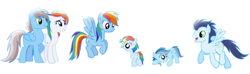 Size: 774x230 | Tagged: safe, artist:selecteddash, rainbow dash, soarin', oc, oc:ragtag, oc:shooting star, pegasus, pony, g4, female, male, offspring, parent:rainbow dash, parent:soarin', parents:soarindash, ship:soarindash, shipping, siblings, simple background, straight, twins, white background