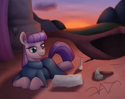 Size: 2200x1750 | Tagged: safe, artist:swasfews, maud pie, earth pony, pony, g4, clothes, dress, female, looking at something, lying down, mare, pickaxe, prone, smiling, solo, sunset, when she smiles