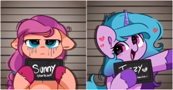 Size: 3464x1819 | Tagged: safe, artist:kittyrosie, izzy moonbow, sunny starscout, earth pony, pony, unicorn, g5, barbie, barbie (film), barbie mugshot meme, cute, duo, duo female, female, heart, high res, horn, izzybetes, looking at you, makeup, mare, meme, mugshot, open mouth, open smile, running makeup, smiling, smiling at you, sunny starscout is not amused, unamused, unshorn fetlocks