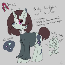 Size: 1280x1280 | Tagged: safe, artist:metaruscarlet, oc, oc only, oc:becky moonlight, pony, unicorn, clothes, cosplay, costume, female, glowing, glowing horn, gray background, hair over one eye, horn, japanese, magic, mare, reference sheet, shirt, simple background, solo, sweater