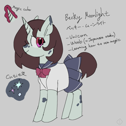 Size: 1280x1280 | Tagged: safe, alternate version, artist:metaruscarlet, oc, oc only, oc:becky moonlight, pony, unicorn, clothes, female, glowing, glowing horn, gray background, hair over one eye, horn, japanese, magic, mare, reference sheet, school uniform, shirt, simple background, skirt, solo