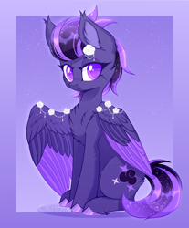 Size: 1780x2150 | Tagged: safe, artist:kripta, oc, oc only, oc:shadow galaxy, pegasus, pony, chest fluff, commission, cute, ethereal mane, female, flower, flower in hair, folded wings, gradient background, hooves, mare, smiling, solo, starry mane, starry tail, tail, unshorn fetlocks, wings, ych result