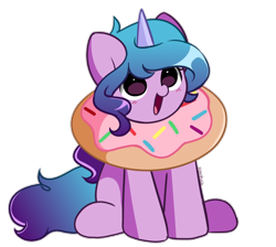 Size: 772x692 | Tagged: safe, artist:kittyrosie, edit, editor:dematrix-edit, izzy moonbow, pony, unicorn, g5, cute, daaaaaaaaaaaw, donut, female, food, happy, izzybetes, kittyrosie is trying to murder us, mare, open mouth, open smile, signature, simple background, sitting, smiling, solo, transparent background