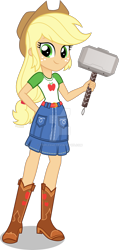 Size: 1024x2149 | Tagged: safe, artist:triple84e, applejack, human, equestria girls, g4, belt, boots, clothes, collar, cowboy hat, denim, denim skirt, female, freckles, hair, hammer, hat, holding, mjölnir, ponytail, shirt, shoes, simple background, skirt, solo, teenager, transparent background, war hammer