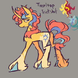 Size: 1280x1280 | Tagged: safe, artist:sillyfillies, oc, oc only, oc:tinselstop trickshot, pony, unicorn, g4, colored hooves, curved horn, gray background, horn, magical lesbian spawn, next generation, offspring, parent:sunset shimmer, parent:trixie, parents:suntrix, simple background, solo, unicorn oc, unshorn fetlocks