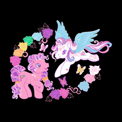 Size: 500x500 | Tagged: safe, skywishes, star catcher, butterfly, earth pony, pegasus, pony, g3, official, black background, duo, duo female, female, flower, implied lesbian, lesbian, lgbt, pride month, rainbow colors, ship:skycatcher, shipping, shipping fuel, simple background, t shirt design