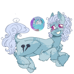 Size: 1000x1000 | Tagged: safe, artist:kazmuun, screw loose, earth pony, pony, series:kazmuun's drawing every pony, g4, alternate design, alternate name, blush lines, blushing, butt fluff, chest fluff, coat markings, colored eyelashes, colored hooves, concave belly, dappled, elbow fluff, female, freckles, grin, hooves, leg fluff, lying down, magenta eyelashes, mare, messy hair, messy mane, messy tail, nervous, nervous smile, no pupils, not shoeshine, pinto, prone, redesign, screencap reference, shoulder fluff, simple background, smiling, solo, tail, transparent background, unshorn fetlocks