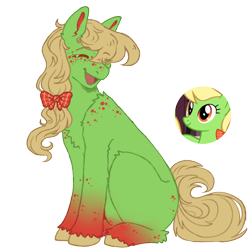 Size: 1000x1000 | Tagged: safe, artist:kazmuun, apple munchies, earth pony, pony, series:kazmuun's drawing every pony, g4, alternate design, apple family member, bow, chest fluff, colored freckles, colored pinnae, eye clipping through hair, eyebrows, eyebrows visible through hair, eyes closed, female, freckles, gradient legs, hair bow, leg fluff, mare, munchabetes, open mouth, open smile, ponytail, redesign, screencap reference, shoulder fluff, simple background, sitting, smiling, solo, transparent background, unshorn fetlocks