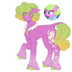 Size: 1000x1000 | Tagged: safe, artist:kazmuun, lavender bloom, earth pony, pony, series:kazmuun's drawing every pony, g4, alternate design, anatomically incorrect, beauty mark, blush lines, blushing, cascading cutie mark, chest fluff, collar, colored eyelashes, colored hooves, colored pupils, ear piercing, earring, ears back, female, gradient legs, gradient mane, gradient tail, green eyelashes, grimace, hooves, incorrect leg anatomy, jewelry, leonine tail, mare, piercing, raised hoof, redesign, screencap reference, shoulder fluff, simple background, solo, standing, tail, transparent background, unshorn fetlocks, yellow pupils