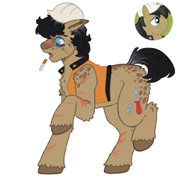 Size: 1000x1000 | Tagged: safe, artist:kazmuun, jack hammer, earth pony, pony, series:kazmuun's drawing every pony, g4, alternate design, bags under eyes, blue eyelashes, blush scribble, blushing, cheek fluff, chest fluff, chin fluff, cigarette, clothes, coat markings, colored eartips, colored eyelashes, colored hooves, construction pony, dappled, emanata, freckles, hard hat, hat, hooves, leg fluff, leg scar, male, no pupils, raised hoof, redesign, scar, screencap reference, shocked, shoulder fluff, simple background, solo, stallion, standing on two hooves, transparent background, unshorn fetlocks, vest