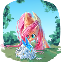 Size: 1160x1168 | Tagged: safe, artist:wolfythewolf555, fluttershy, butterfly, pegasus, pony, g4, cute, eye clipping through hair, female, flower, looking at something, mare, shyabetes, solo