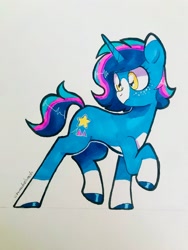 Size: 1536x2048 | Tagged: safe, artist:chunchalunch, oc, oc only, oc:nova, pony, unicorn, coat markings, concave belly, freckles, hooves, looking back, marker drawing, pale belly, socks (coat markings), solo, traditional art, turned head
