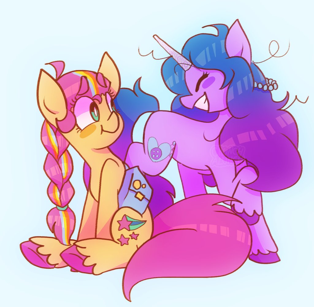 [duo,earth pony,eyes closed,female,g5,happy,mare,pony,safe,sitting,unicorn,looking at each other,duo female,smiling,looking at someone,sunny starscout,izzy moonbow,artist:chunchalunch]