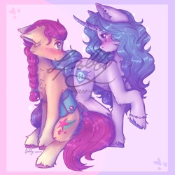 Size: 1080x1080 | Tagged: safe, artist:uwulobby, izzy moonbow, sunny starscout, earth pony, pony, unicorn, g5, blushing, ears back, female, lesbian, looking at each other, looking at someone, ship:moonscout, shipping