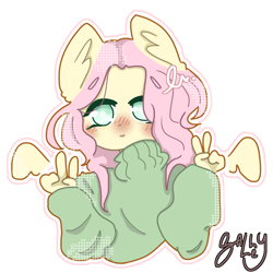 Size: 1000x1000 | Tagged: safe, artist:peachyrus, fluttershy, anthro, g4, blushing, clothes, female, mare, outline, peace sign, simple background, solo, spread wings, sweater, sweatershy, white background, wings