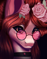 Size: 4000x5000 | Tagged: safe, artist:minckies, oc, oc only, earth pony, pony, bust, choker, earth pony oc, flower, flower in hair, glasses, rose, smiling, solo