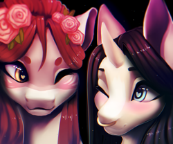 Size: 6000x5000 | Tagged: safe, artist:minckies, oc, oc only, earth pony, pony, unicorn, blushing, duo, earth pony oc, female, flower, flower in hair, horn, mare, nose piercing, nose ring, one eye closed, piercing, rose, smiling, unicorn oc, wink