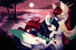 Size: 1841x1200 | Tagged: safe, artist:minckies, oc, oc only, alicorn, pony, alicorn oc, cloud, duo, full moon, horn, horns, jewelry, moon, necklace, outdoors, pearl necklace, sleeping, snuggling, tree, wings