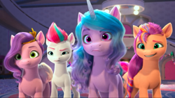 Size: 2160x1215 | Tagged: safe, screencap, izzy moonbow, pipp petals, sunny starscout, zipp storm, earth pony, pegasus, pony, unicorn, g5, my little pony: make your mark, my little pony: make your mark chapter 2, the traditional unicorn sleep-over, spoiler:g5, spoiler:my little pony: make your mark, spoiler:my little pony: make your mark chapter 2, spoiler:mymc02e06, confused, crystal brighthouse, female, grin, implied misty brightdawn, mane stripe sunny, mare, nervous, nervous smile, one of these things is not like the others, royal sisters (g5), siblings, sisters, smiling