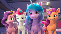 Size: 2160x1215 | Tagged: safe, screencap, izzy moonbow, pipp petals, sunny starscout, zipp storm, earth pony, pegasus, pony, unicorn, g5, my little pony: make your mark, my little pony: make your mark chapter 2, the traditional unicorn sleep-over, spoiler:g5, confused, crystal brighthouse, female, grin, implied misty brightdawn, mane stripe sunny, mare, nervous, nervous smile, one of these things is not like the others, royal sisters (g5), siblings, sisters, smiling