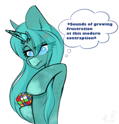 Size: 1589x1648 | Tagged: safe, artist:rinteen, oc, oc only, oc:allira, crystal pony, pony, caption, crystal pony oc, female, frustrated, mare, rubik's cube, simple background, solo, text, white background