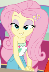 Size: 611x903 | Tagged: safe, edit, edited screencap, editor:incredibubbleirishguy, screencap, fluttershy, human, equestria girls, equestria girls specials, g4, my little pony equestria girls: better together, my little pony equestria girls: spring breakdown, bare shoulders, beautisexy, bedroom eyes, clothes, cropped, female, flirtershy, flirting, flutterbeautiful, geode of fauna, magical geodes, pants, solo, summer outfit