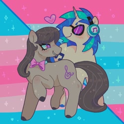 Size: 1440x1440 | Tagged: safe, artist:ariariari.png, dj pon-3, octavia melody, vinyl scratch, earth pony, pony, unicorn, g4, bow, duo, female, headphones, heart, lesbian, looking at each other, looking at someone, male, ship:scratchtavia, shipping, t4t, trans female, trans male, transfeminine, transfeminine pride flag, transgender, transmasculine, transmasculine pride flag, vinyl's glasses