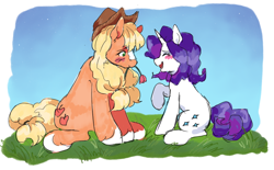 Size: 1280x794 | Tagged: safe, artist:cloverquil, applejack, rarity, earth pony, pony, unicorn, g4, blushing, cowboy hat, duo, female, flower, flower in mouth, grass, hat, heart, lesbian, mouth hold, ship:rarijack, shipping, sitting, sky
