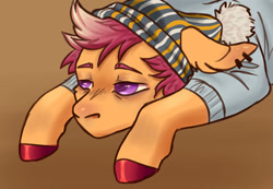 Size: 2000x1380 | Tagged: safe, artist:ask-trans-scoots, scootaloo, pegasus, pony, g4, beanie, clothes, ear piercing, floppy ears, gradient background, hat, lidded eyes, looking offscreen, lying down, male, no mouth, piercing, solo, sweater, trans male, transgender, tumblr:ask trans scootaloo