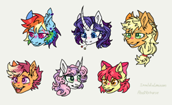 Size: 820x498 | Tagged: safe, artist:ask-trans-scoots, apple bloom, applejack, rainbow dash, rarity, scootaloo, sweetie belle, earth pony, pegasus, pony, unicorn, g4, blushing, cutie mark crusaders, dyed mane, ear piercing, female, group, head only, male, mouth hold, open mouth, piercing, scar, simple background, smiling, trans male, transgender