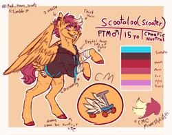 Size: 2048x1606 | Tagged: safe, artist:ask-trans-scoots, scootaloo, pegasus, pony, g4, alternate cutie mark, bandage, clothes, dyed mane, ear piercing, english, female to male, hoodie, male, piercing, reference sheet, scar, scooteroll, self harm, self harm scars, smiling, solo, standing on two hooves, teenager, trans male, transgender, tumblr:ask trans scootaloo, wings