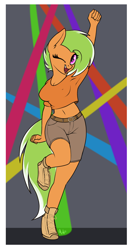 Size: 1362x2575 | Tagged: safe, artist:ponynamedmixtape, oc, oc only, oc:warm winds, earth pony, anthro, unguligrade anthro, belt, boots, braless, clothes, dancing, female, hoof shoes, midriff, one eye closed, shoes, shorts, simple background, solo, wink