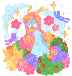 Size: 1280x1340 | Tagged: safe, artist:webkinzworldz, fluttershy, butterfly, fish, pegasus, anthro, g4, blush lines, blushing, bush, clothes, cloud, daffodil, dress, eyeshadow, flower, food, hydrangea, looking at something, makeup, pony ears, simple background, solo, sparkles, sparkly eyes, strawberry, white background, wingding eyes