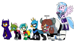 Size: 3751x2119 | Tagged: safe, edit, editor:crisx284, gallus, ocellus, sandbar, silverstream, smolder, yona, cyborg, g4, beast boy, cloven hooves, dc comics, high res, nightwing, raven (dc comics), robin, simple background, starfire, student six, teen titans, white background