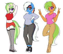 Size: 3613x3090 | Tagged: safe, artist:ponynamedmixtape, oc, oc only, oc:araceli chrysanthemum, oc:keylime curio, oc:warm winds, earth pony, unicorn, anthro, unguligrade anthro, arm behind head, armpits, clothes, converse, double peace sign, female, garter belt, garters, high res, hoof shoes, midriff, pants, peace sign, shoes, simple background, skirt, stockings, thigh highs, trio, trio female, white background