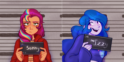 Size: 6000x3000 | Tagged: safe, artist:starsbursts, izzy moonbow, sunny starscout, human, equestria girls, g4, g5, barbie, barbie (film), barbie mugshot meme, clothes, duo, equestria girls-ified, female, g5 to equestria girls, g5 to g4, generation leap, jacket, mane stripe sunny, meme, midriff, mugshot, open mouth, prediction, reference, sunny starscout is not amused, sweater, unamused