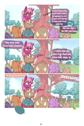 Size: 1250x1873 | Tagged: safe, artist:sugarlesspaints, cheerilee, pipsqueak, earth pony, anthro, comic:earning your stripes, z-book universe, g4, comic, dialogue, exclamation point, speech bubble, treehouse, wide eyes