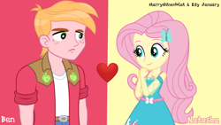 Size: 1920x1080 | Tagged: safe, artist:edy_january, artist:starryshineviolet, big macintosh, fluttershy, human, series:romantic and jackass, series:romantic stories, equestria girls, g4, duo, female, fluttershy boho dress, geode of fauna, link in description, love, magical geodes, male, red background, romance, romantic, ship:fluttermac, shipping, simple background, straight, vector used, wallpaper, yellow background