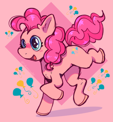 Size: 1897x2048 | Tagged: safe, artist:silverycryptid, pinkie pie, earth pony, pony, g4, colored, cute, diapinkes, digital art, female, happy, mare, open mouth, open smile, raised hoof, raised leg, simple background, smiling, solo, trotting